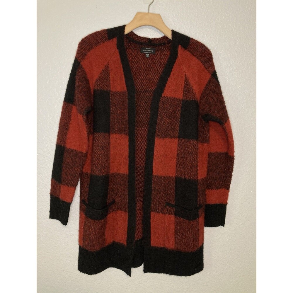 Lucky Brand Cardigan Womens XS Wool Buffalo Plaid Red Black Check Sweater Preppy